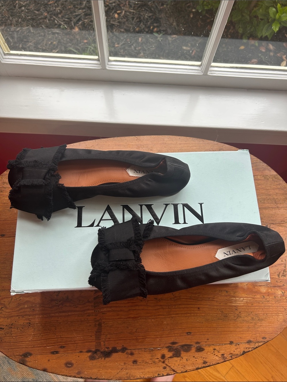 Lanvin Black Frayed Bow Ballet Flats with Box